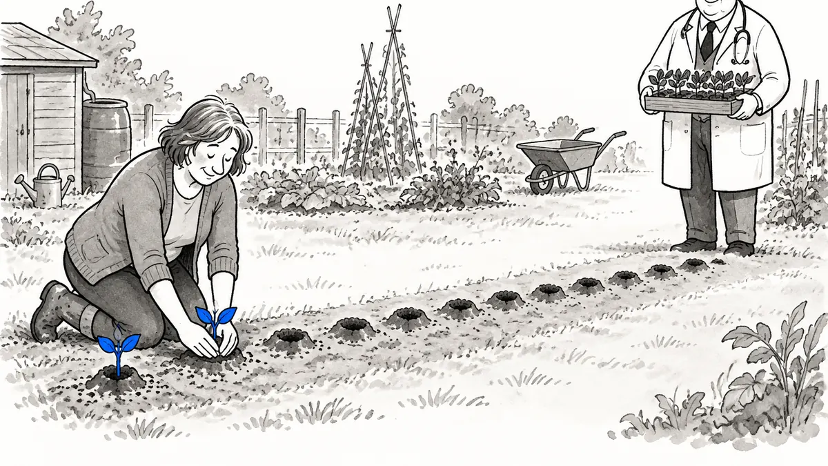 A woman kneels in a garden row, planting her second of twelve seedlings while the doctor waits patiently at the far end holding a tray of the rest.
