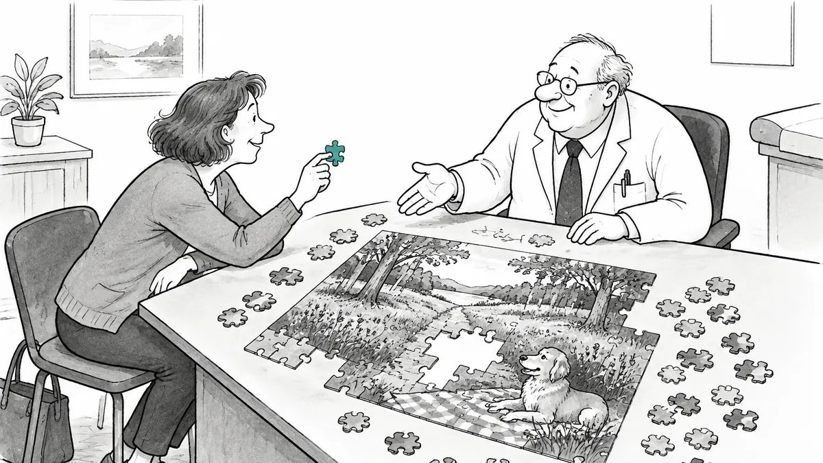 A patient holds out one jigsaw piece to her doctor, who gestures warmly at a half-finished puzzle of a woodland trail spread across his desk.