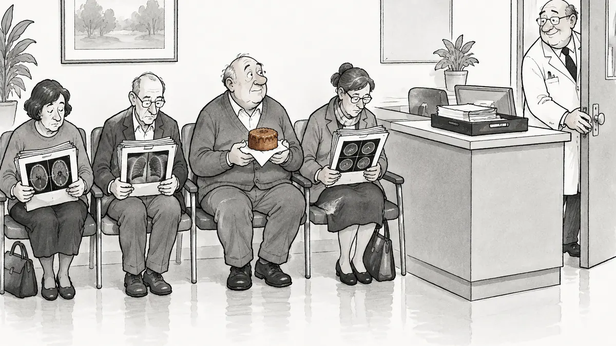 In a clinic waiting room full of patients clutching medical folders, an older man holds a small honey cake like an offering while the doctor, opening his door, notices it and smiles.
