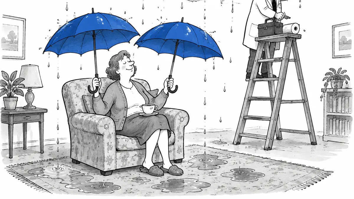 A woman sits dry in her armchair under two umbrellas while the ceiling drips around her, and the doctor on a stepladder works through a hatch to fix the leak above.