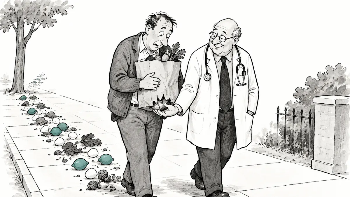 A tired man carries a grocery bag split at the bottom, leaving a trail of lemons and vegetables behind him until the doctor walks alongside and holds the bag closed from underneath.