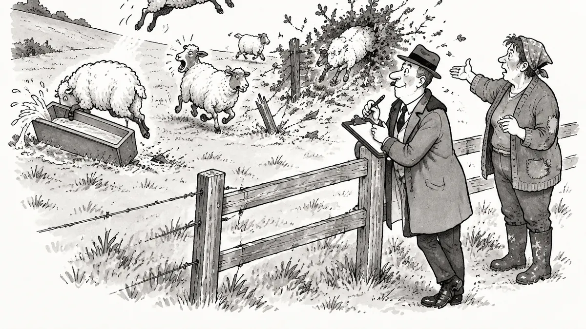 An inspector at a fence calmly counts a small flock of sheep while those few sheep run riot behind him and the farmer points to the chaos.