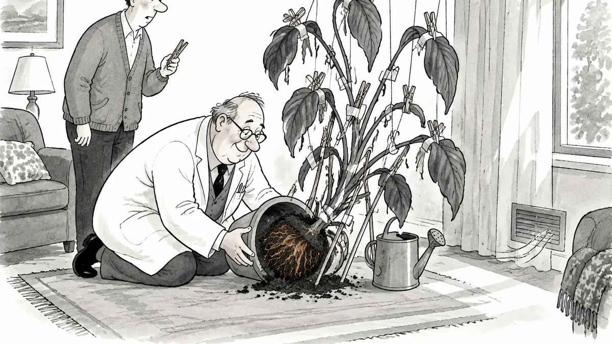 A man holding a clothespin watches as the doctor kneels to inspect the roots of a houseplant whose drooping leaves have been propped up with chopsticks, tape and string.
