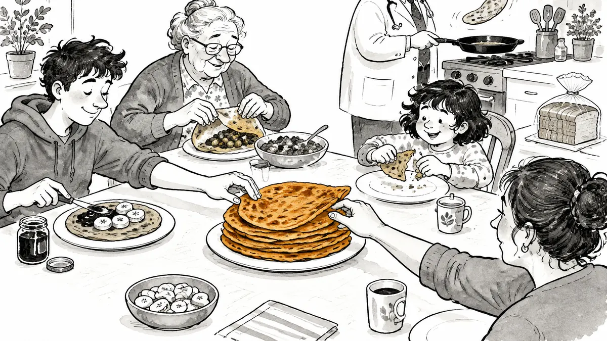 A family reaches eagerly for a stack of golden sweet potato roti, topping them with jam and curry, while a loaf of sliced bread sits ignored and the doctor cooks another roti at the stove.