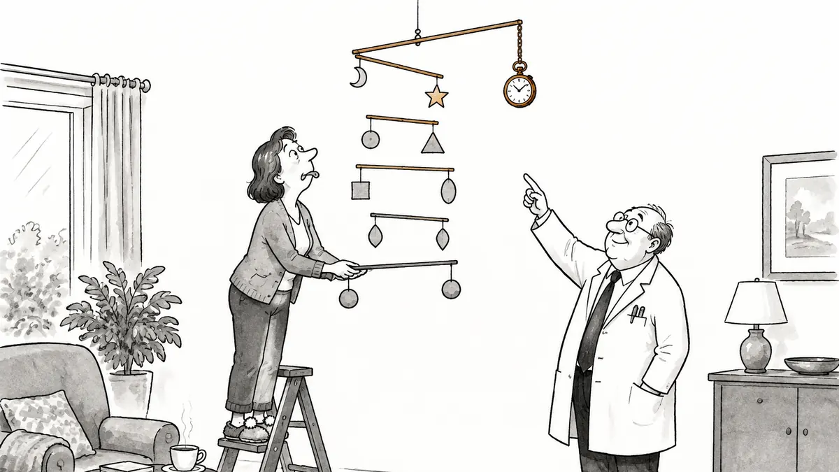 A woman on a stepladder holds the bottom of a lopsided seven-tier mobile level while the doctor points up at an old pocket watch on the top bar that is tipping the whole thing.