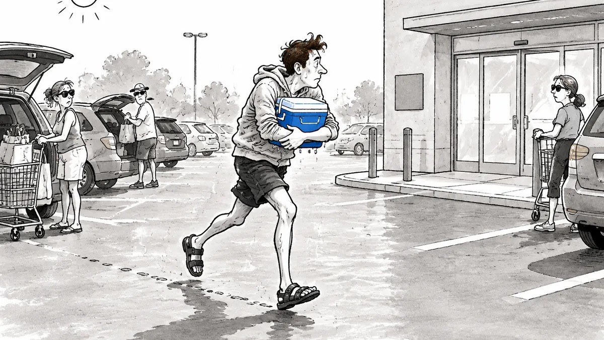 A young man in a hoodie rushes across a sunbaked parking lot toward a clinic, cradling a small dripping cooler like precious cargo while shoppers watch.