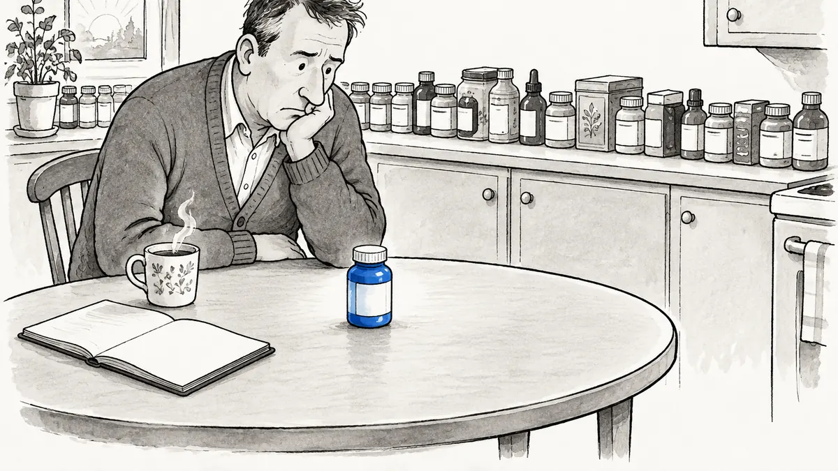 A man at his kitchen table watches one supplement bottle intently while dozens of other bottles and tea tins wait in a line on the counter behind him.
