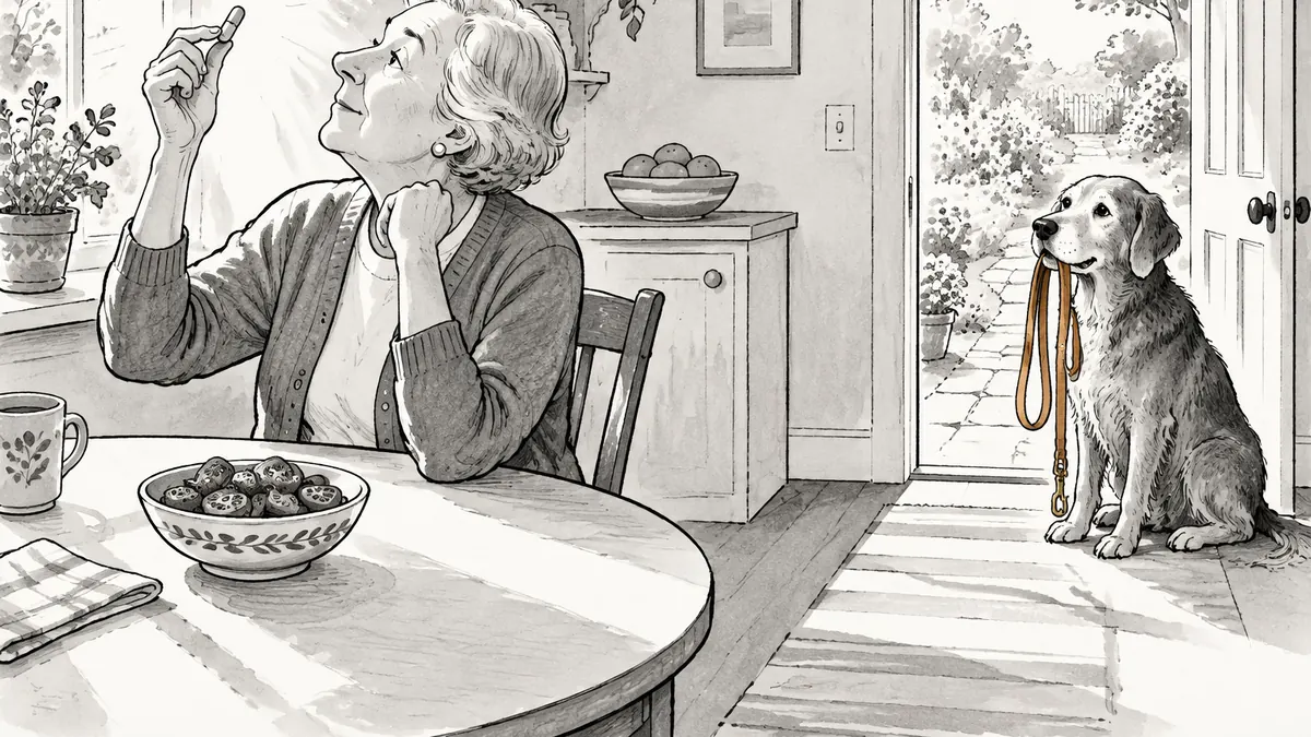 An older woman examines a supplement capsule at her kitchen table while her elderly dog waits patiently by the open door holding its leash in its mouth.