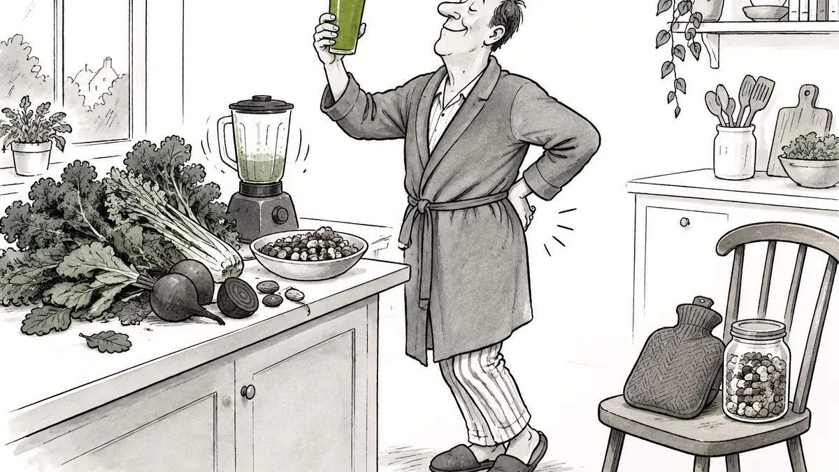 A man in a dressing gown proudly raises a green smoothie in a kitchen piled with leafy greens and nuts while rubbing his aching back.