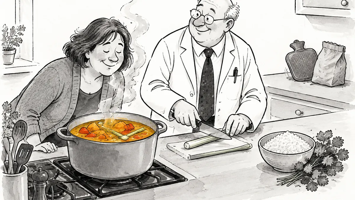 A woman leans over a simmering pot of golden coconut curry, breathing in the steam as the doctor bruises lemongrass beside her, while a hot-water bottle and a take-away bag lie forgotten at the end of the counter.
