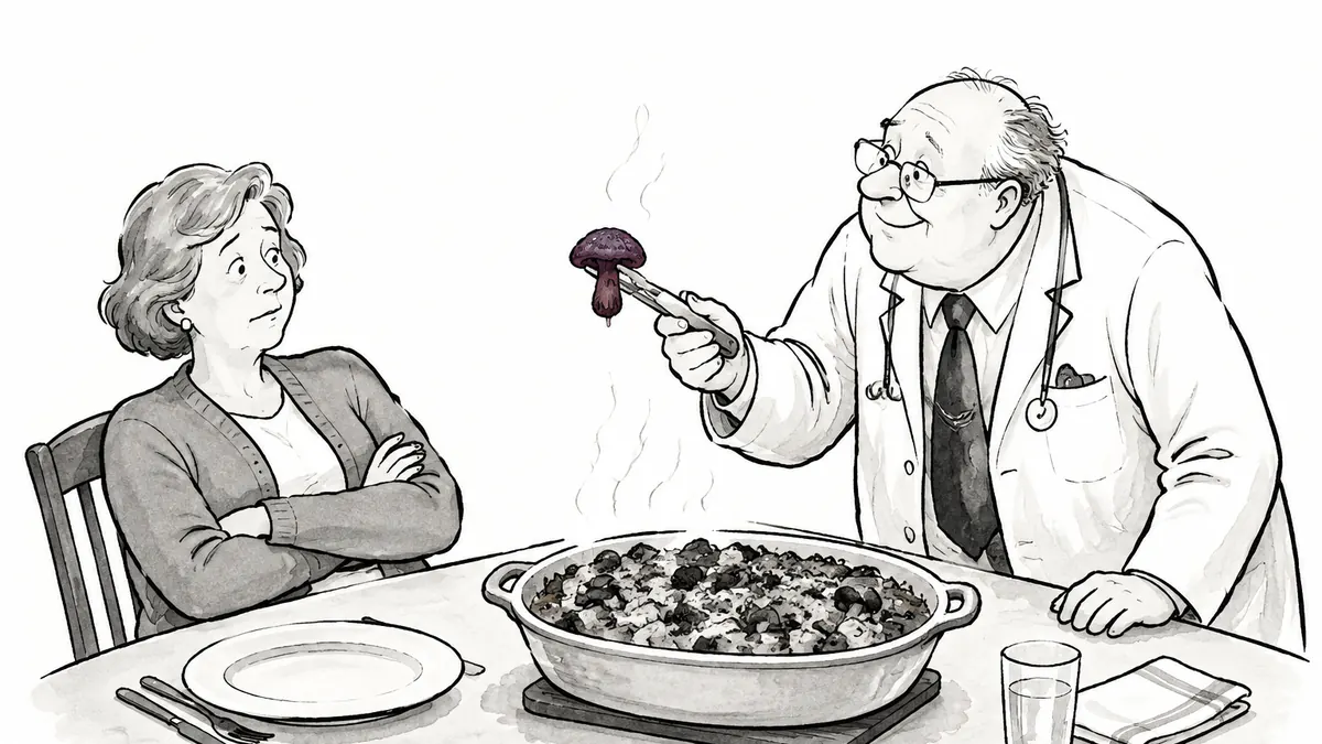 At a dinner table, the doctor lifts one dark mushroom out of a steaming casserole with tongs while a wary woman with folded arms and her plate pushed away begins to reconsider.