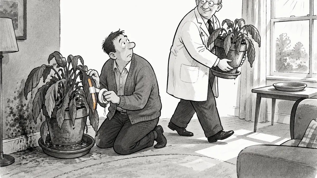 A man kneels splinting one drooping leaf of a houseplant in a damp, dim corner while the doctor lifts the whole pot toward a sunny window.