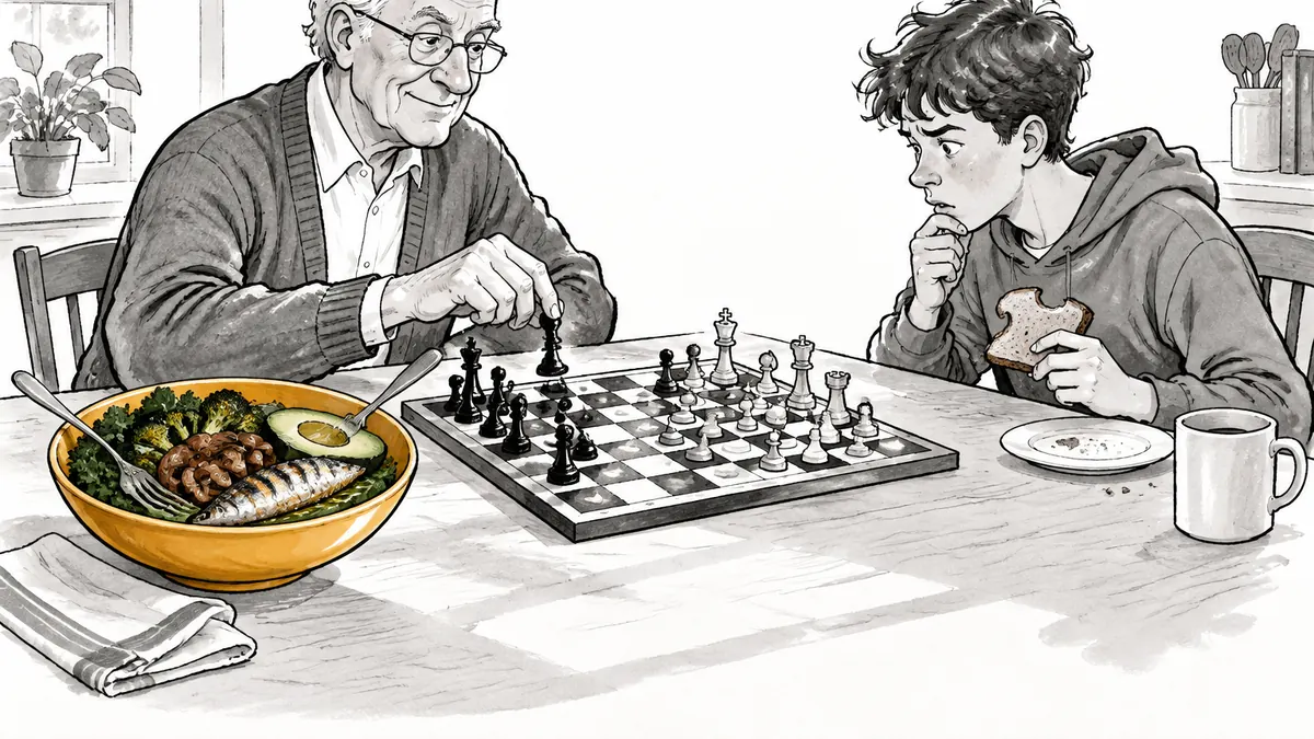 An alert elderly man with a bowl of greens, mushrooms, avocado and sardine beside him makes a winning chess move while his puzzled teenage grandson stares at the board.